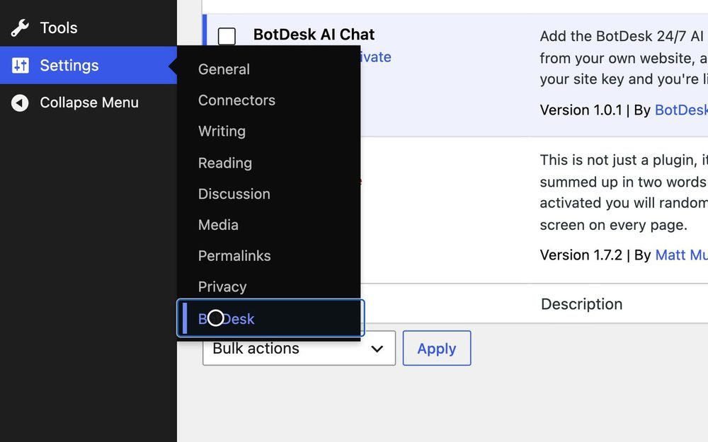 The WordPress admin menu with Settings open and BotDesk selected, beside the BotDesk AI Chat plugin in the plugins list
